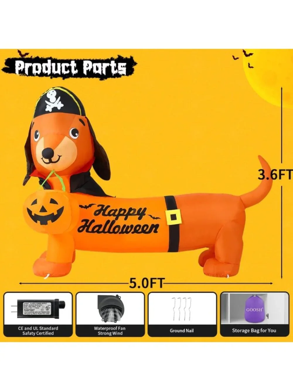 5 FT Halloween Inflatable Dog Decor - LED Pumpkin Dachshund for Yard & Party